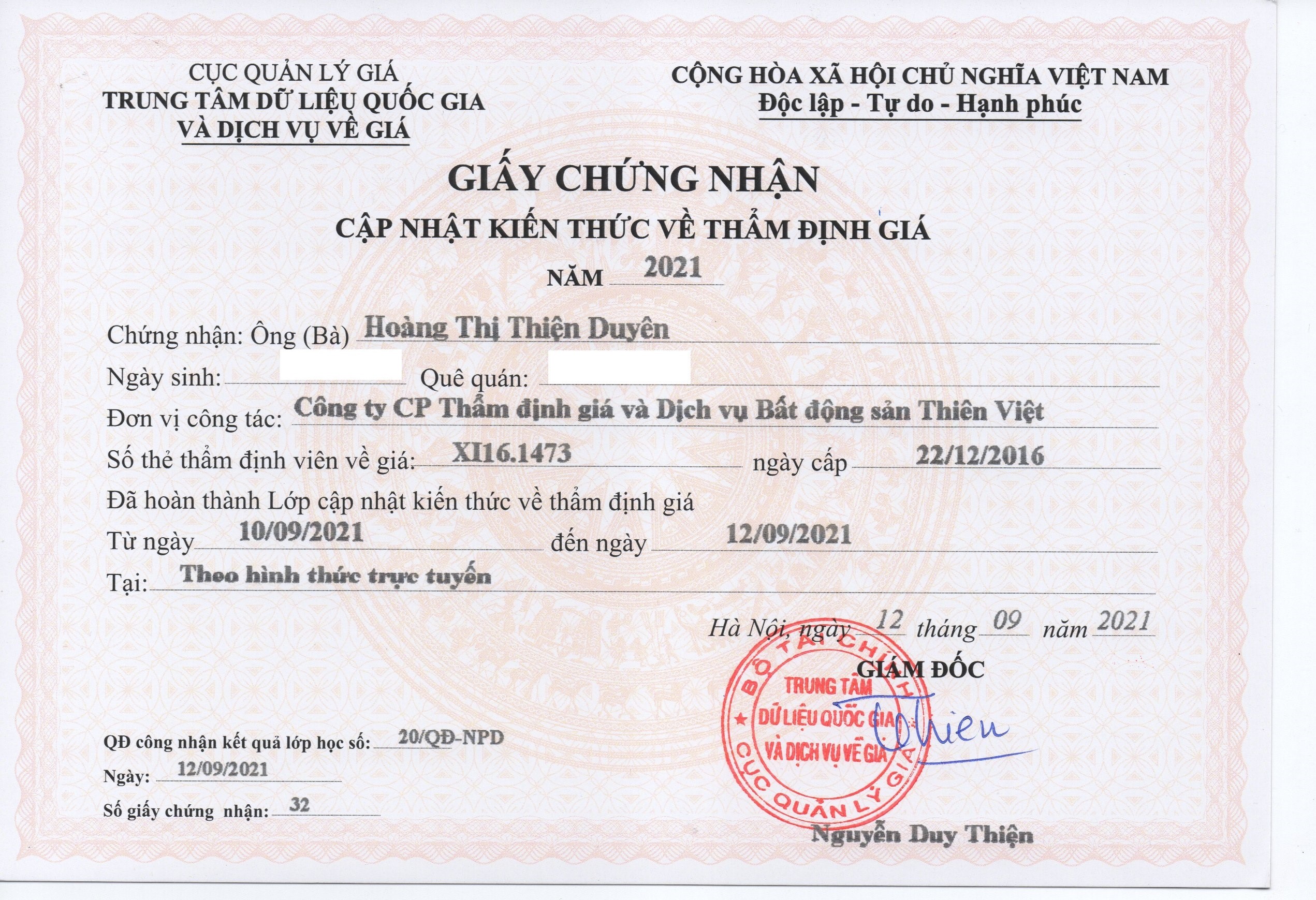 Giấy chứng nhận cập nhật kiến thức thẩm định giá